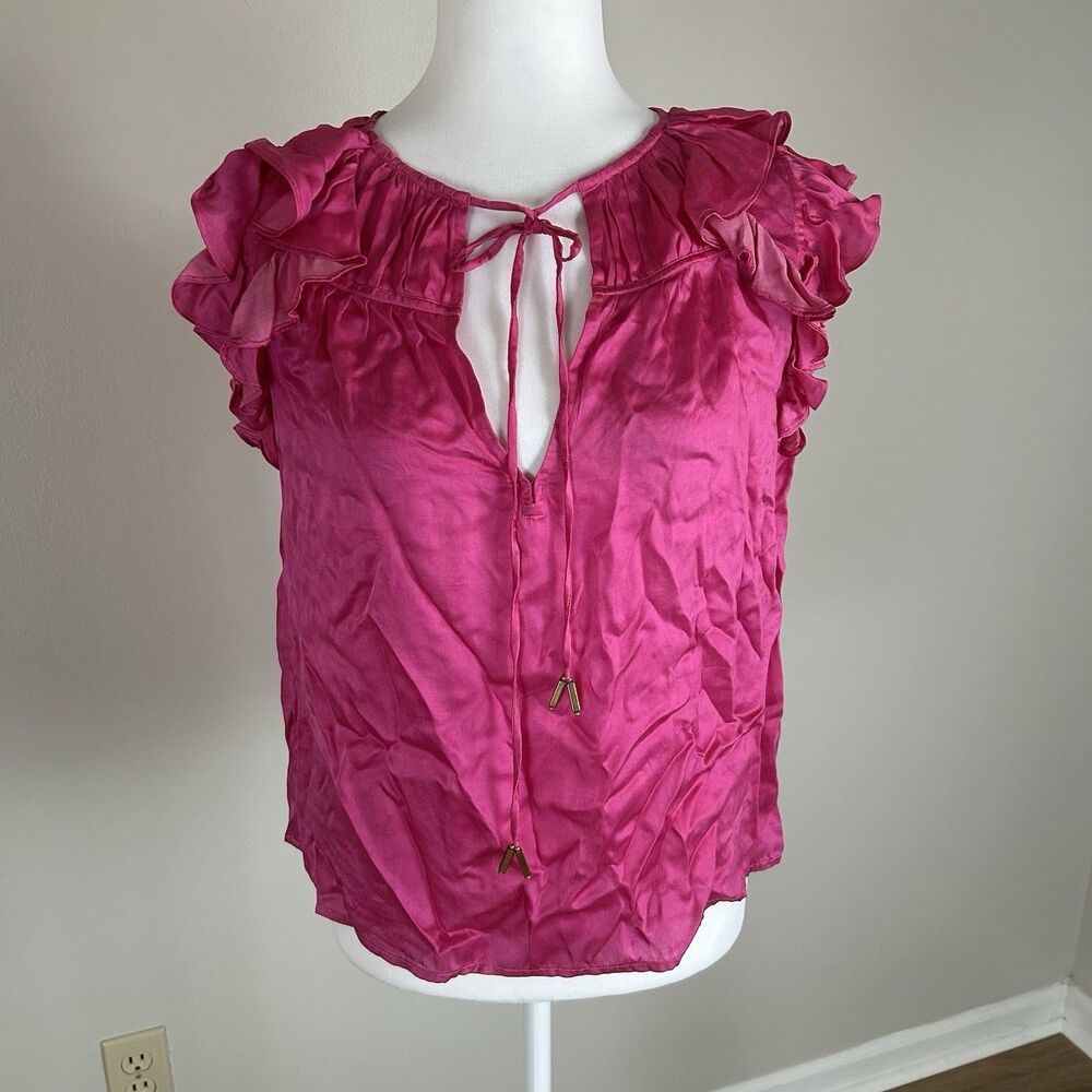 Karina Grimaldi M Silk Blouse Pink Ruffle Hot Short Sleeve Top Satin Fuchsia
